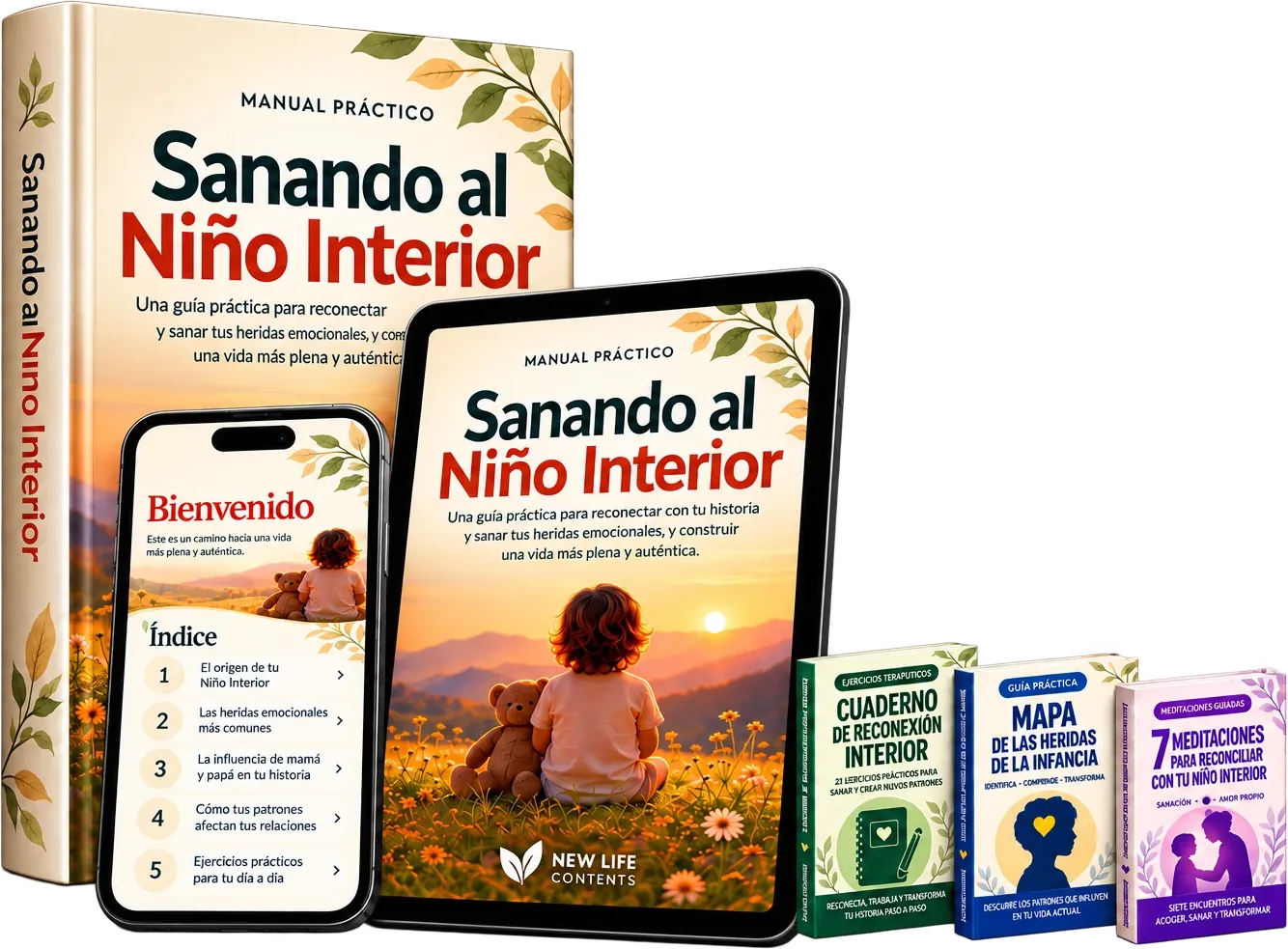 Kit completo: manual Sanando al Niño Interior en libro, tablet y teléfono, con los bonos Cuaderno de Reconexión Interior, Mapa de las Heridas de la Infancia y 7 Meditaciones