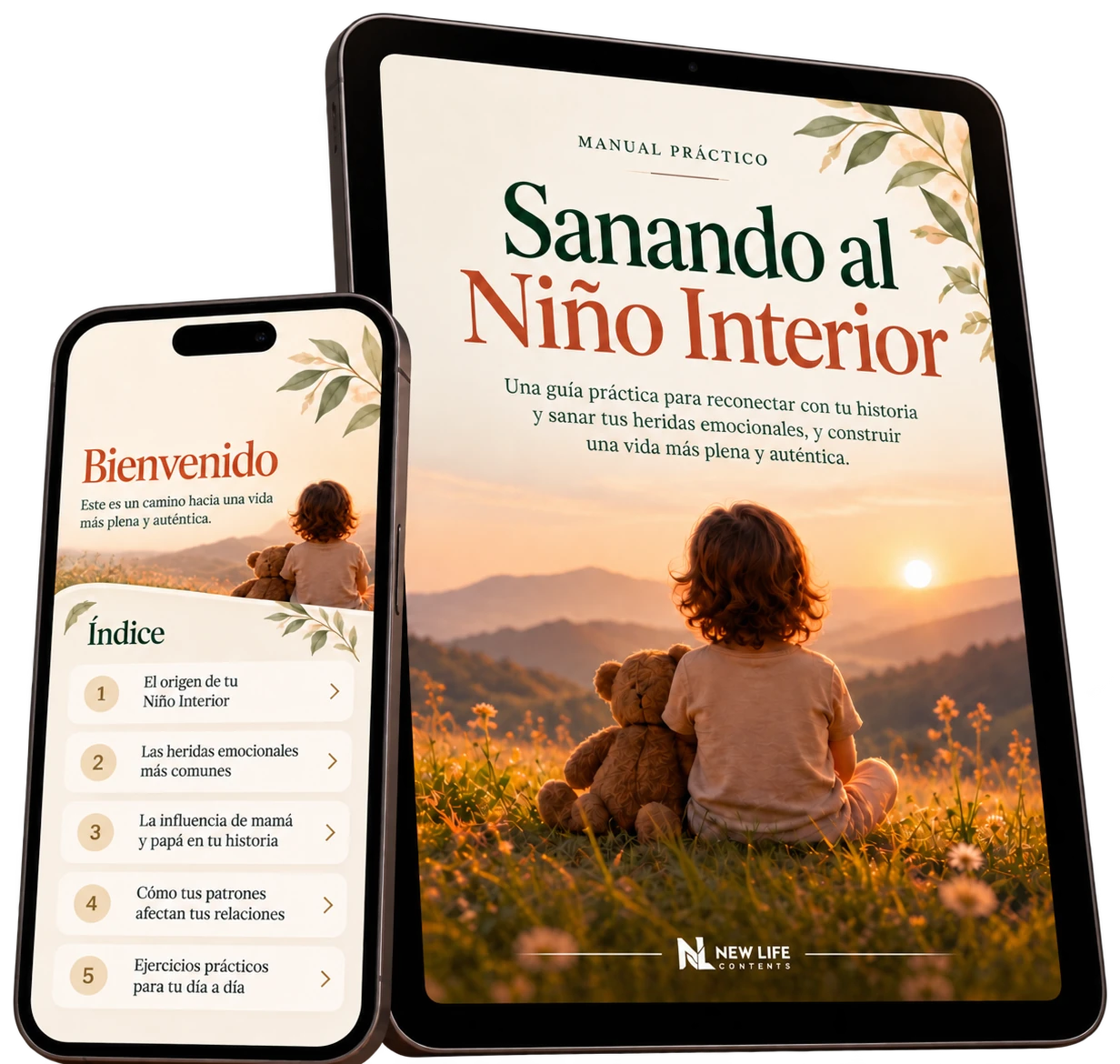 Guía Sanando al Niño Interior en una tablet y un teléfono