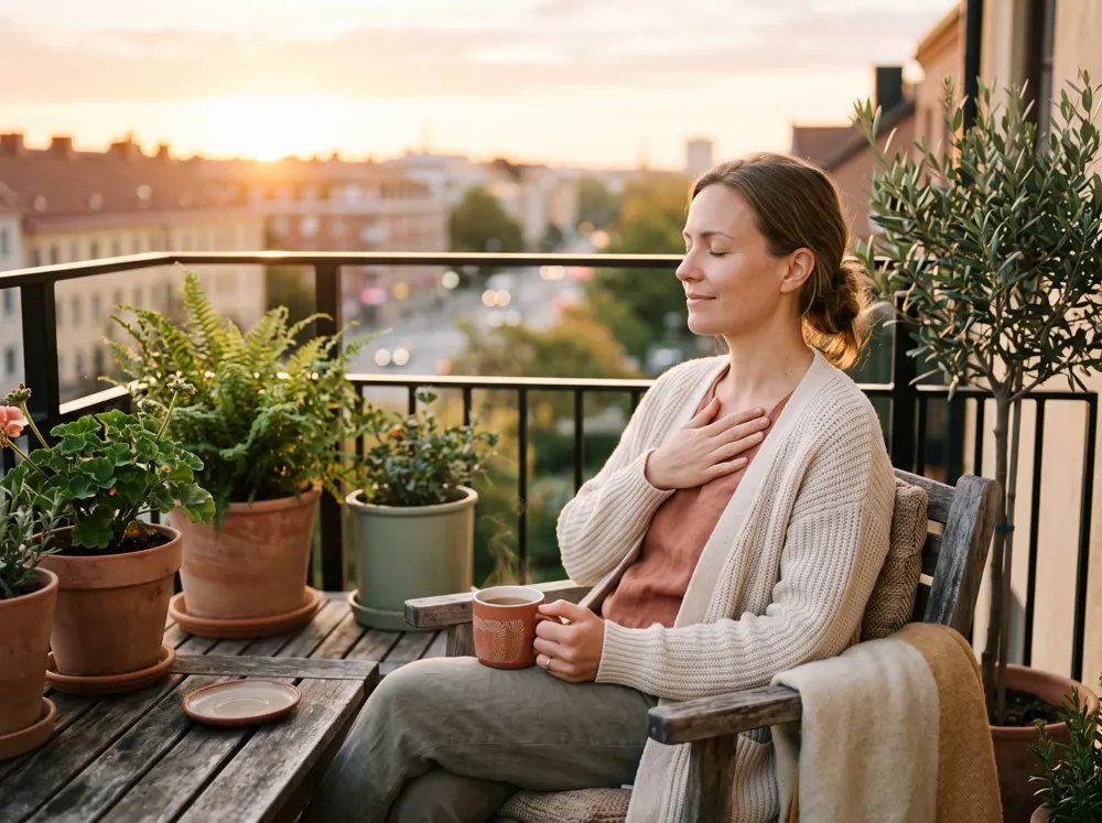 Mujer en calma con la mano en el pecho, tomando un té en su balcón al atardecer