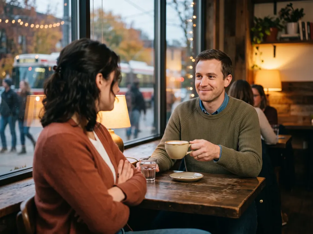 Pareja conversando con calma en una cafetería