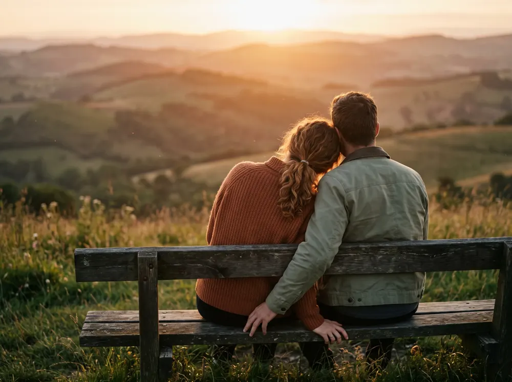 Pareja abrazada en un banco contemplando el atardecer